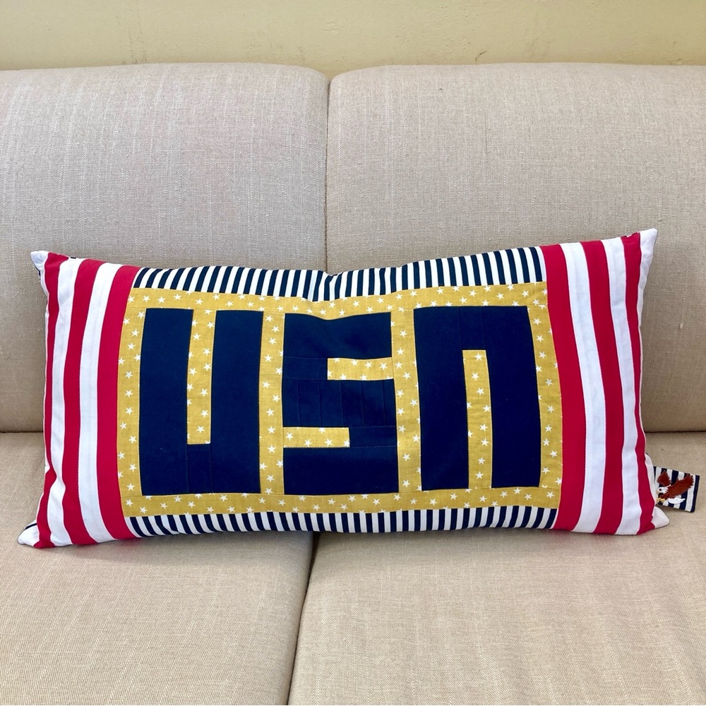 Unique USA Quilt Pillow Large Handmade Quilted Patriotic Lumbar 27” Red Blue